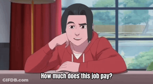 A Man In A Red Hoodie Is Sitting At A Table With His Hand On His Chin And Says How Much Does This Job Pay GIF