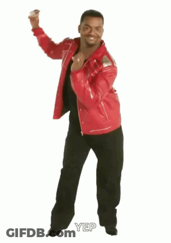 A Man In A Red Jacket And Black Pants Is Dancing With The Word Yep Written On The Bottom GIF