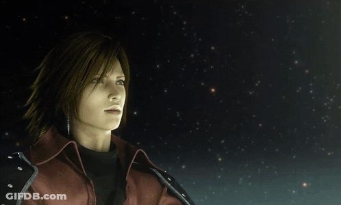 A Man In A Red Jacket And Red Gloves Is Looking Up At The Sky GIF