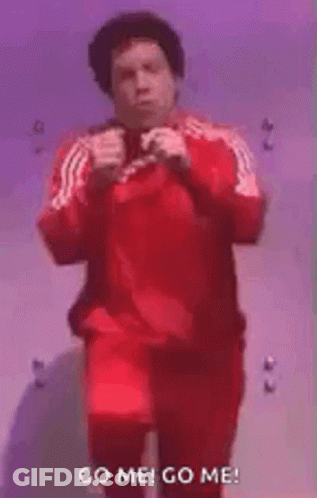 A Man In A Red Jacket And Red Pants Is Running And Says `` Go Me ! Go Me ! '' GIF