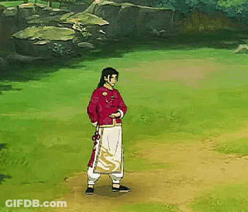 A Man In A Red Jacket And White Pants Is Standing In A Grassy Field . GIF