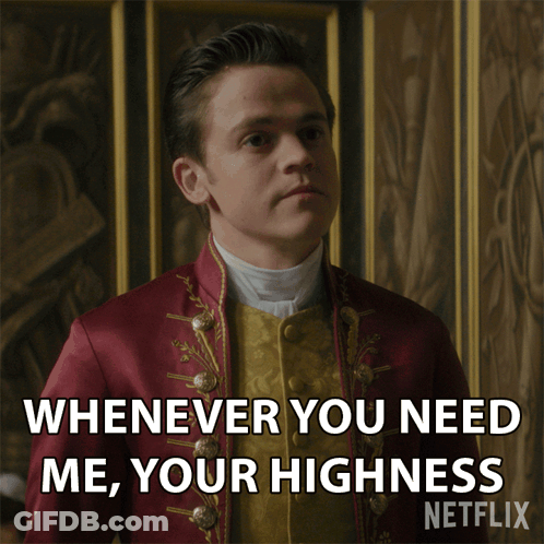 A Man In A Red Jacket And Yellow Vest Says Whenever You Need Me Your Highness GIF