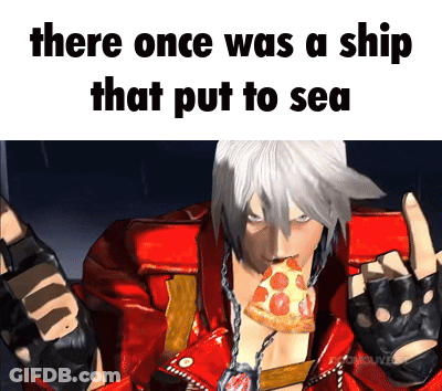 A Man In A Red Jacket Eating A Slice Of Pizza With The Words There Once Was A Ship That Put To Sea GIF