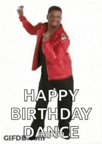 A Man In A Red Jacket Is Dancing And Says `` Happy Birthday Dance '' . GIF