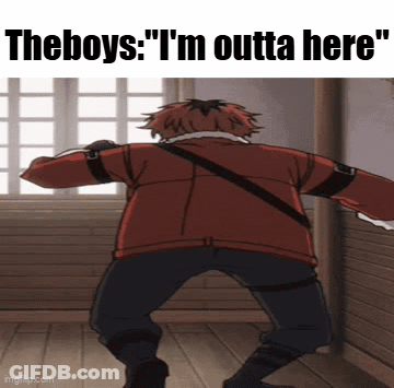 A Man In A Red Jacket Is Dancing In A Room With The Words " The Boys : I 'M Outta Here " GIF