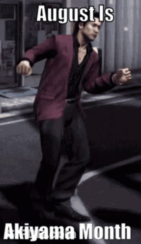 A Man In A Red Jacket Is Dancing In Front Of A Sign That Says August Is Akiyama Month . GIF