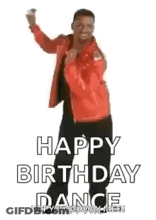 A Man In A Red Jacket Is Dancing With The Words `` Happy Birthday Dance '' . GIF