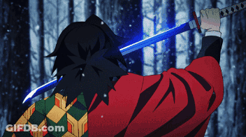 A Man In A Red Jacket Is Holding A Blue Sword In Front Of A Snowy Forest GIF