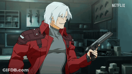 A Man In A Red Jacket Is Holding A Gun With A Netflix Logo In The Corner GIF