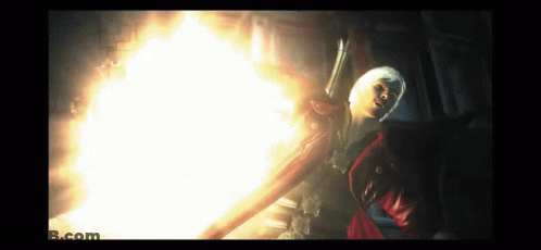 A Man In A Red Jacket Is Holding A Sword In A Video Game GIF