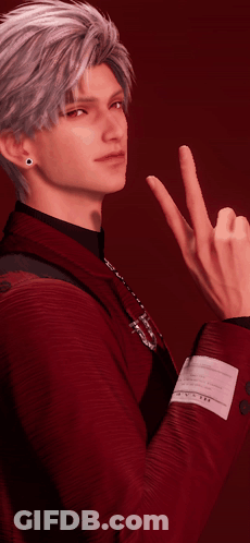 A Man In A Red Jacket Is Making A Peace Sign With His Finger GIF