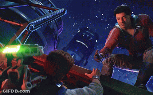 A Man In A Red Jacket Is Reaching Out To Help Another Man GIF