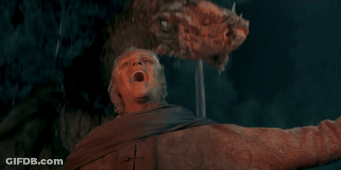 A Man In A Red Jacket Is Screaming In Front Of A Dragon Head GIF