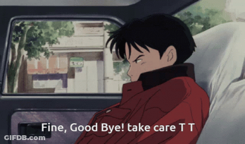 A Man In A Red Jacket Is Sitting In A Car With The Words Fine Good Bye Take Care Tt Below Him GIF