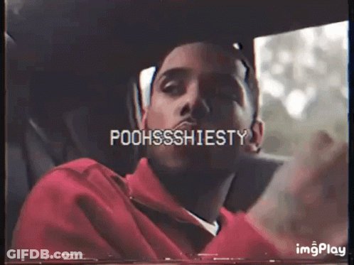 A Man In A Red Jacket Is Sitting In A Car With The Words Poohssshiesty On The Screen GIF