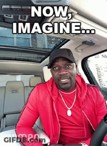 A Man In A Red Jacket Is Sitting In The Driver 'S Seat Of A Car With The Caption Now Imagine .. GIF