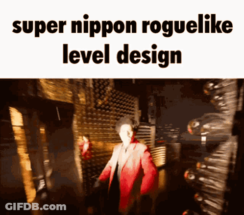 A Man In A Red Jacket Is Standing In A Dark Room With The Words Super Nippon Roguelike Level Design Below Him GIF