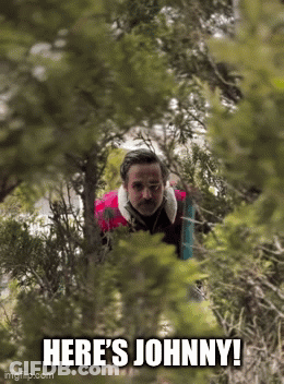 A Man In A Red Jacket Is Standing In A Forest And Says Here 'S Johnny ! GIF