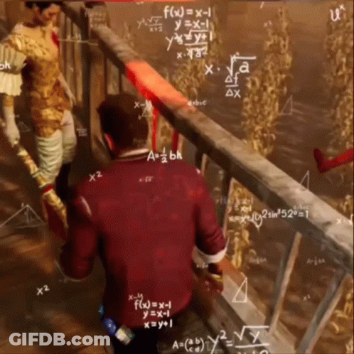A Man In A Red Jacket Is Standing In Front Of A Chalkboard With Mathematical Equations On It GIF