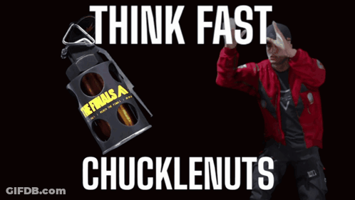 A Man In A Red Jacket Is Standing In Front Of A Chucklenuts Grenade GIF