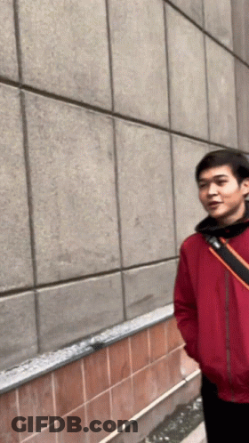 A Man In A Red Jacket Is Standing In Front Of A Tiled Wall GIF