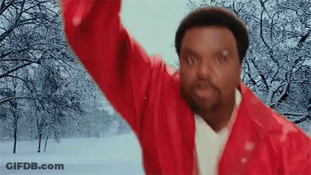 A Man In A Red Jacket Is Standing In The Snow With His Arms In The Air . GIF