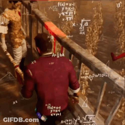 A Man In A Red Jacket Is Standing On A Railing In Front Of A Chalkboard With Mathematical Equations On It GIF