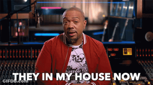 A Man In A Red Jacket Says They In My House Now . GIF