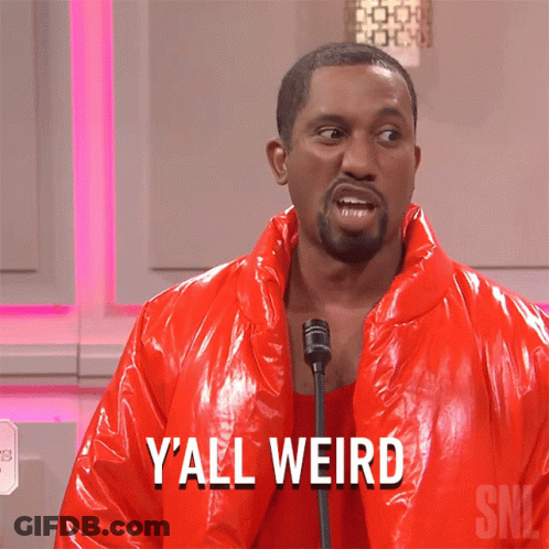 A Man In A Red Jacket Says Y'all Weird In Front Of A Microphone GIF