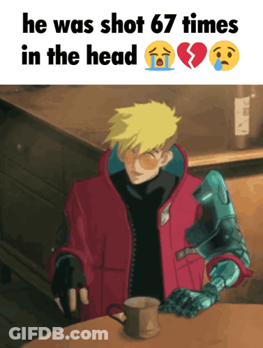 A Man In A Red Jacket Sits At A Table With A Cup Of Coffee And The Words He Was Shot 67 Times In The Head Below Him GIF