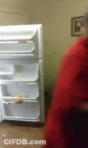 A Man In A Red Jacket Stands In Front Of An Empty Refrigerator GIF