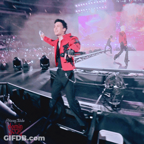 A Man In A Red Jacket Stands On A Stage With A Sign That Says Stray Kids On It GIF