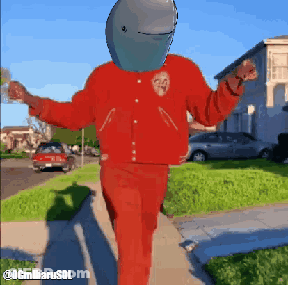 A Man In A Red Jacket With A Dolphin Head On His Head GIF