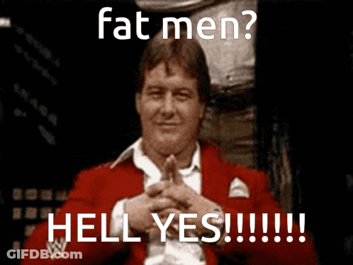 A Man In A Red Jacket With The Words Fat Men Hell Yes Written On It GIF
