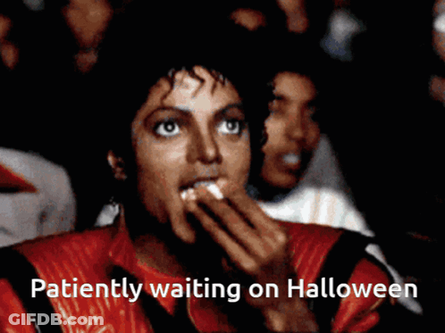 A Man In A Red Jacket With The Words Patiently Waiting On Halloween GIF