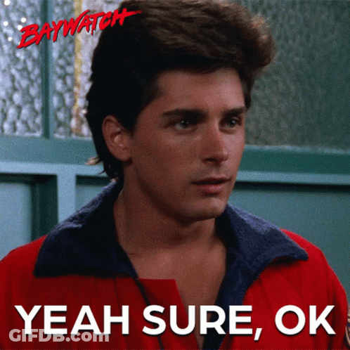 A Man In A Red Jacket With The Words Yeah Sure Ok Below Him GIF