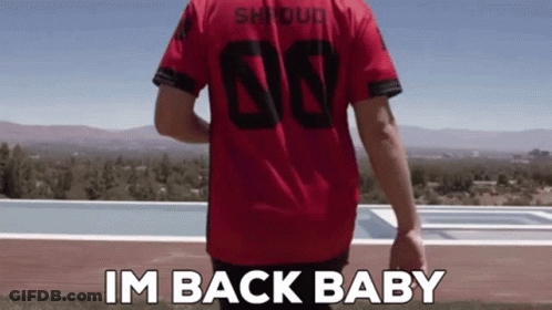 A Man In A Red Jersey Is Standing In Front Of A Swimming Pool And Says Im Back Baby . GIF