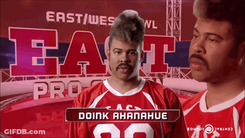 A Man In A Red Jersey With The Name Doink Ananahue GIF