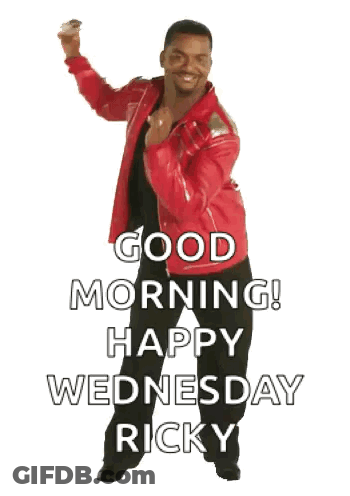 A Man In A Red Leather Jacket Is Dancing And Saying `` Good Morning ! Happy Wednesday Ricky '' . GIF