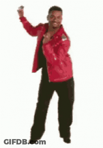 A Man In A Red Leather Jacket Is Dancing On A White Background . GIF