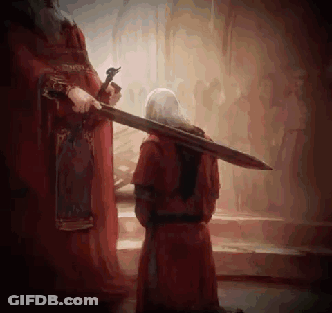 A Man In A Red Robe Is Holding A Large Sword Over A Man In A Red Robe Kneeling Down . GIF