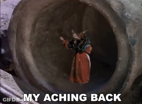A Man In A Red Robe Is Standing In A Tunnel With The Words My Aching Back Below Him GIF