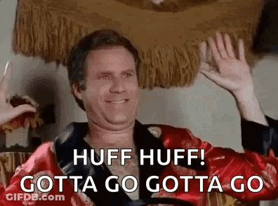 A Man In A Red Robe Is Waving His Hands And Says `` Huff Huff Gotta Go Gotta Go '' . GIF