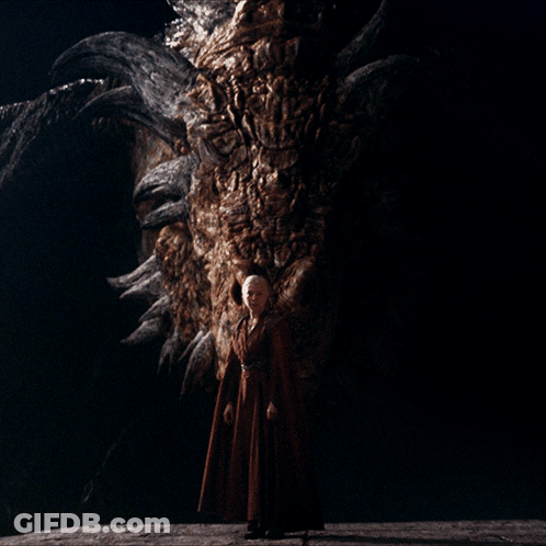 A Man In A Red Robe Stands In Front Of A Dragon GIF