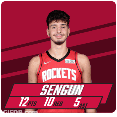 A Man In A Red Rockets Jersey Stands In Front Of A Sign That Says 12 Pts 10 Reb 5 Ast GIF
