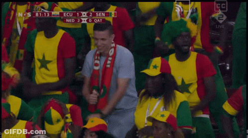 A Man In A Red Scarf Stands In A Crowd Of People Watching A Game Between Ecu And Senegal GIF