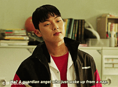 A Man In A Red Shirt And A Black Jacket Says Me ? A Guardian Angel Who Just Woke Up From A Nap GIF