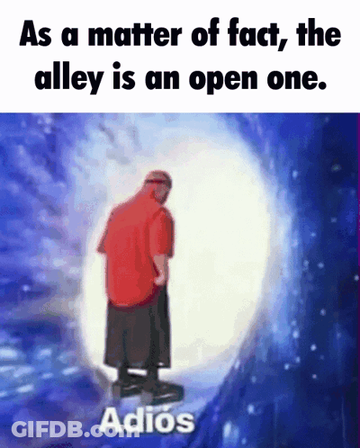 A Man In A Red Shirt And Black Skirt Is Standing In Front Of An Open One And Says " Adios " GIF