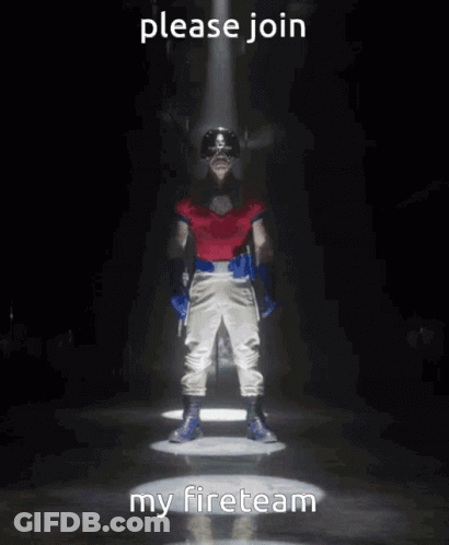 A Man In A Red Shirt And Blue Gloves Is Standing In A Dark Room With The Words " Please Join My Fireteam " Written Below GIF