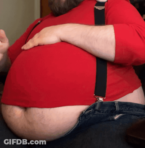 Man With Large Belly In Red Shirt And Suspenders GIF